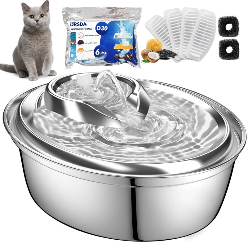 ORSDA Cat Water Fountain Stainless Steel, 2L Pet Fountain for Cats Inside, Dog Water Dispenser, Automatic Cat Drinking Fountains with 6 Replacement Filters for Cats, Small Dogs - Image 1